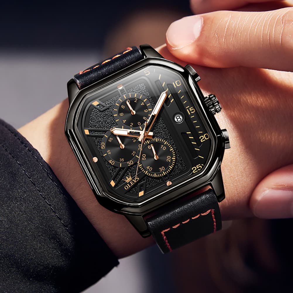 OLEVS 9950 Octagonal Case Chronograph Leather Watch for Men - Silver Case Black Leather Watch | Olevs Watch Store