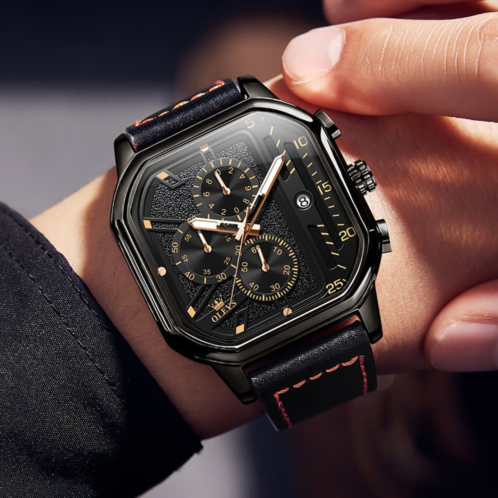 OLEVS 9950 Octagonal Case Chronograph Leather Watch for Men - Silver Case Black Leather Watch | Olevs Watch Store