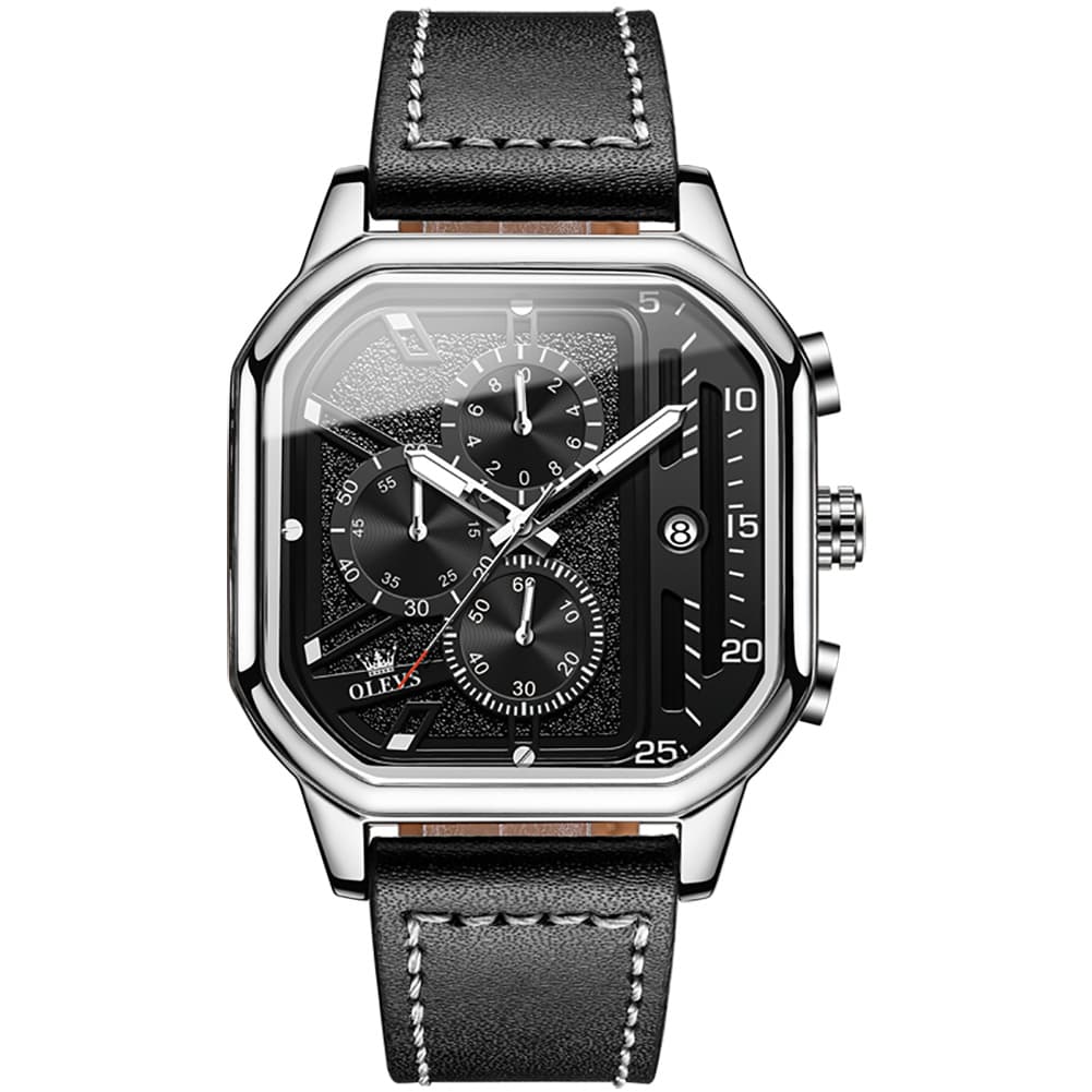 OLEVS 9950 Octagonal Case Chronograph Leather Watch for Men - Rose Gold Case Black Leather Watch | Olevs Watch Store