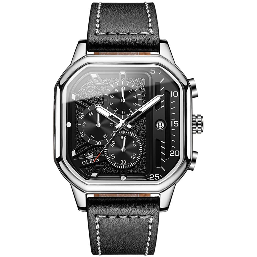 OLEVS 9950 Octagonal Case Chronograph Leather Watch for Men - Rose Gold Case Black Leather Watch | Olevs Watch Store
