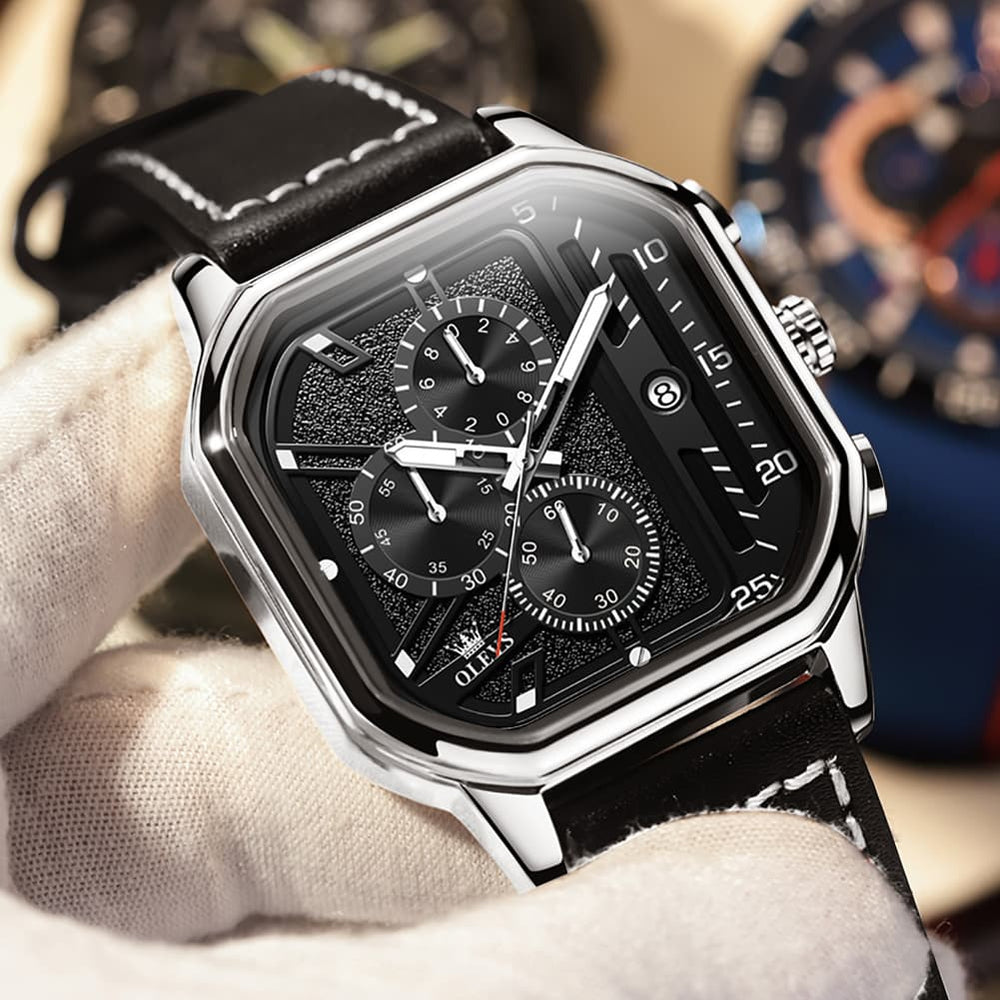 OLEVS 9950 Octagonal Case Chronograph Leather Watch for Men - Silver Case Black Leather Watch | Olevs Watch Store
