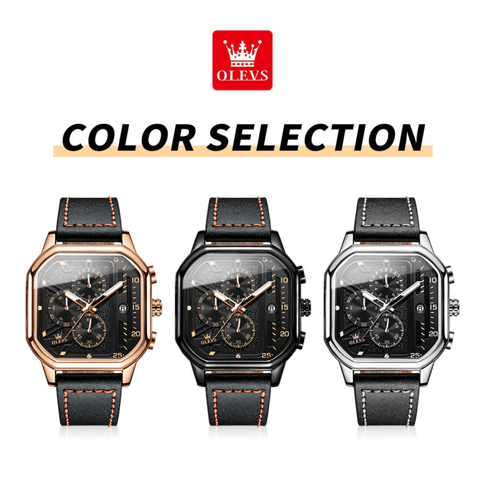 OLEVS 9950 Octagonal Case Chronograph Leather Watch for Men - Rose Gold Case Black Leather Watch | Olevs Watch Store