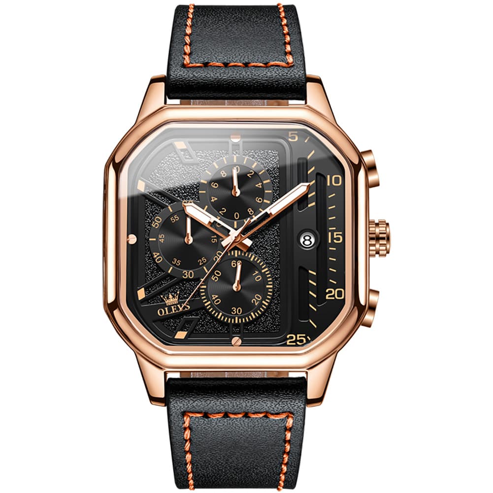 OLEVS 9950 Octagonal Case Chronograph Leather Watch for Men - Silver Case Black Leather Watch | Olevs Watch Store