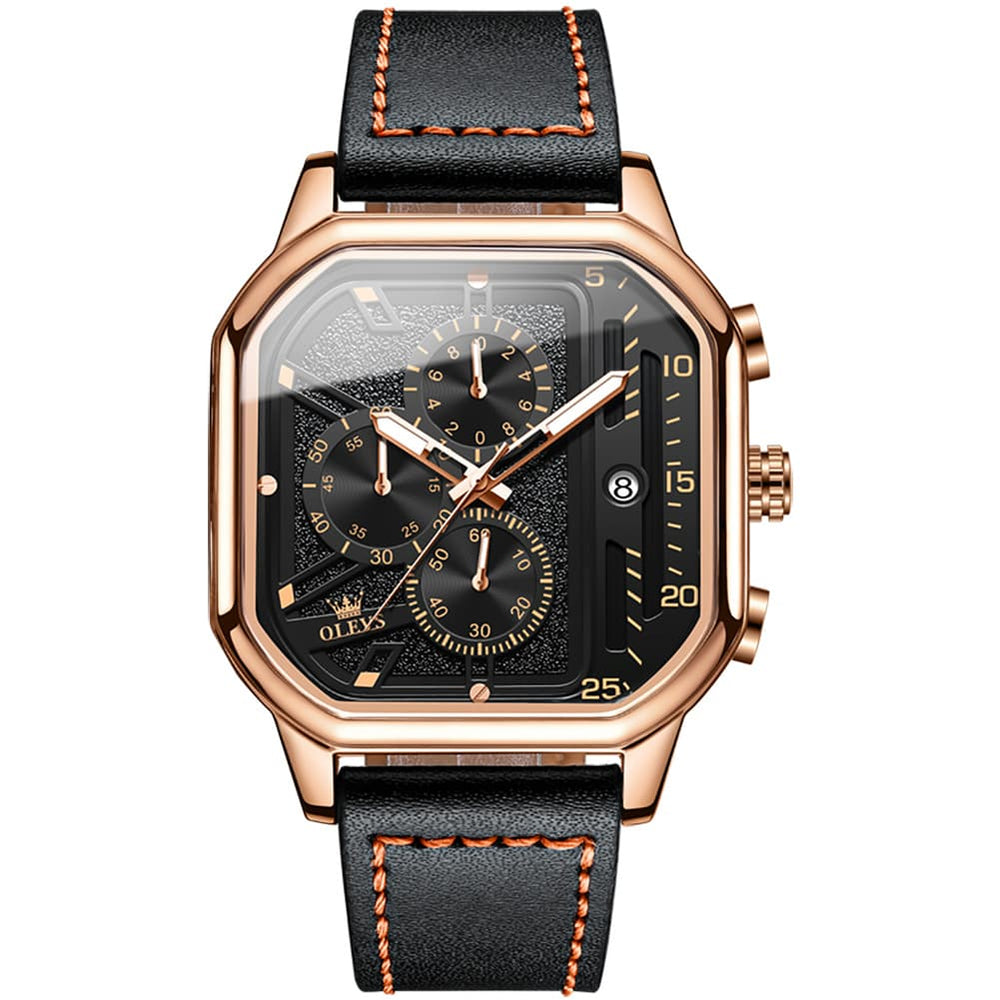 OLEVS 9950 Octagonal Case Chronograph Leather Watch for Men - Silver Case Black Leather Watch | Olevs Watch Store