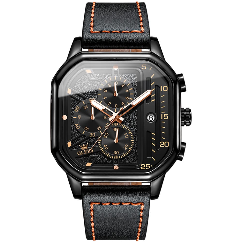 OLEVS 9950 Octagonal Case Chronograph Leather Watch for Men - Rose Gold Case Black Leather Watch | Olevs Watch Store