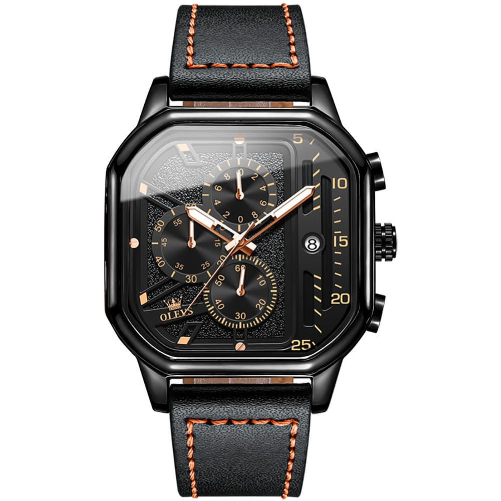 OLEVS 9950 Octagonal Case Chronograph Leather Watch for Men - Rose Gold Case Black Leather Watch | Olevs Watch Store
