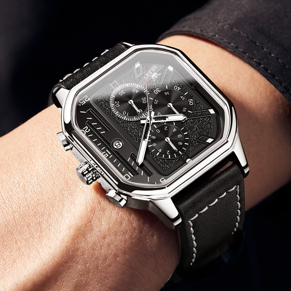 OLEVS 9950 Octagonal Case Chronograph Leather Watch for Men - Silver Case Black Leather Watch | Olevs Watch Store