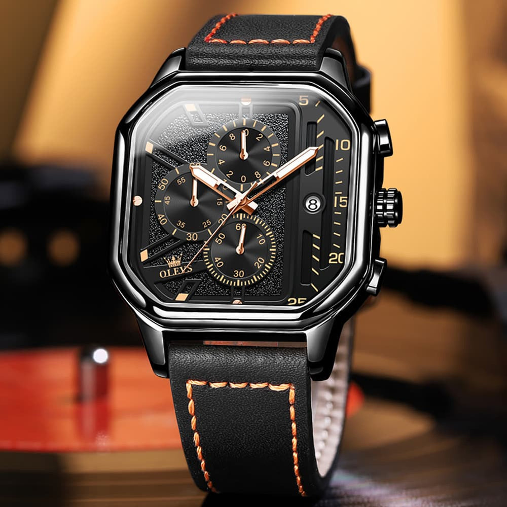 OLEVS 9950 Octagonal Case Chronograph Leather Watch for Men - Silver Case Black Leather Watch | Olevs Watch Store