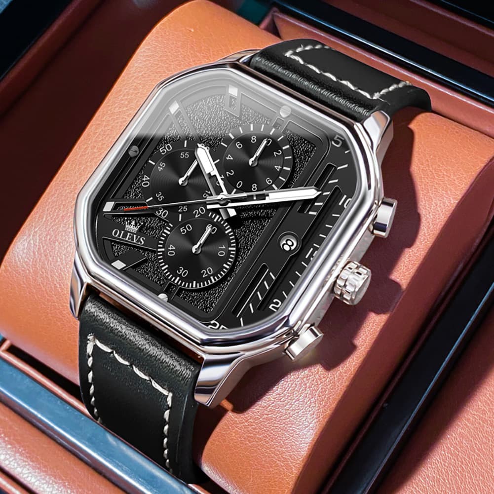 OLEVS 9950 Octagonal Case Chronograph Leather Watch for Men - Silver Case Black Leather Watch | Olevs Watch Store