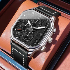 OLEVS 9950 Octagonal Case Chronograph Leather Watch for Men - Silver Case Black Leather Watch | Olevs Watch Store