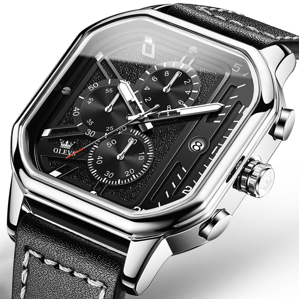 OLEVS 9950 Octagonal Case Chronograph Leather Watch for Men - Silver Case Black Leather Watch | Olevs Watch Store