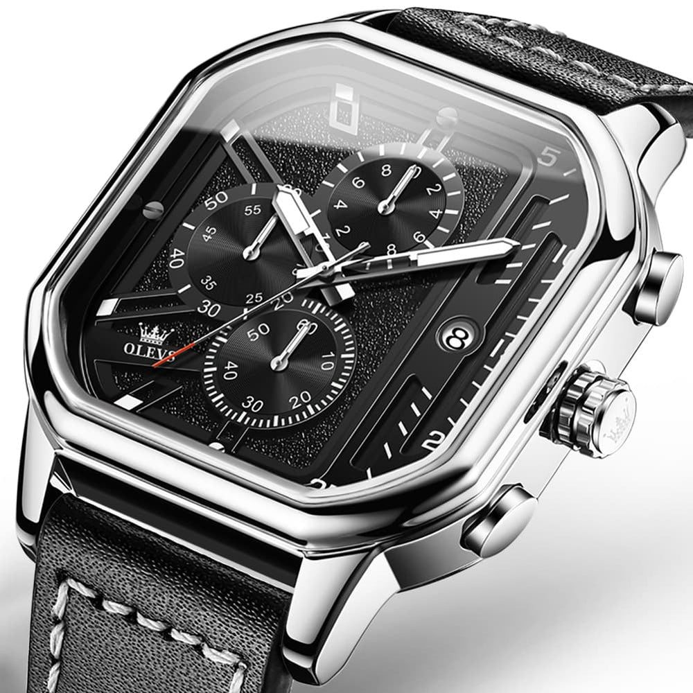 OLEVS 9950 Octagonal Case Chronograph Leather Watch for Men - Silver Case Black Leather Watch | Olevs Watch Store