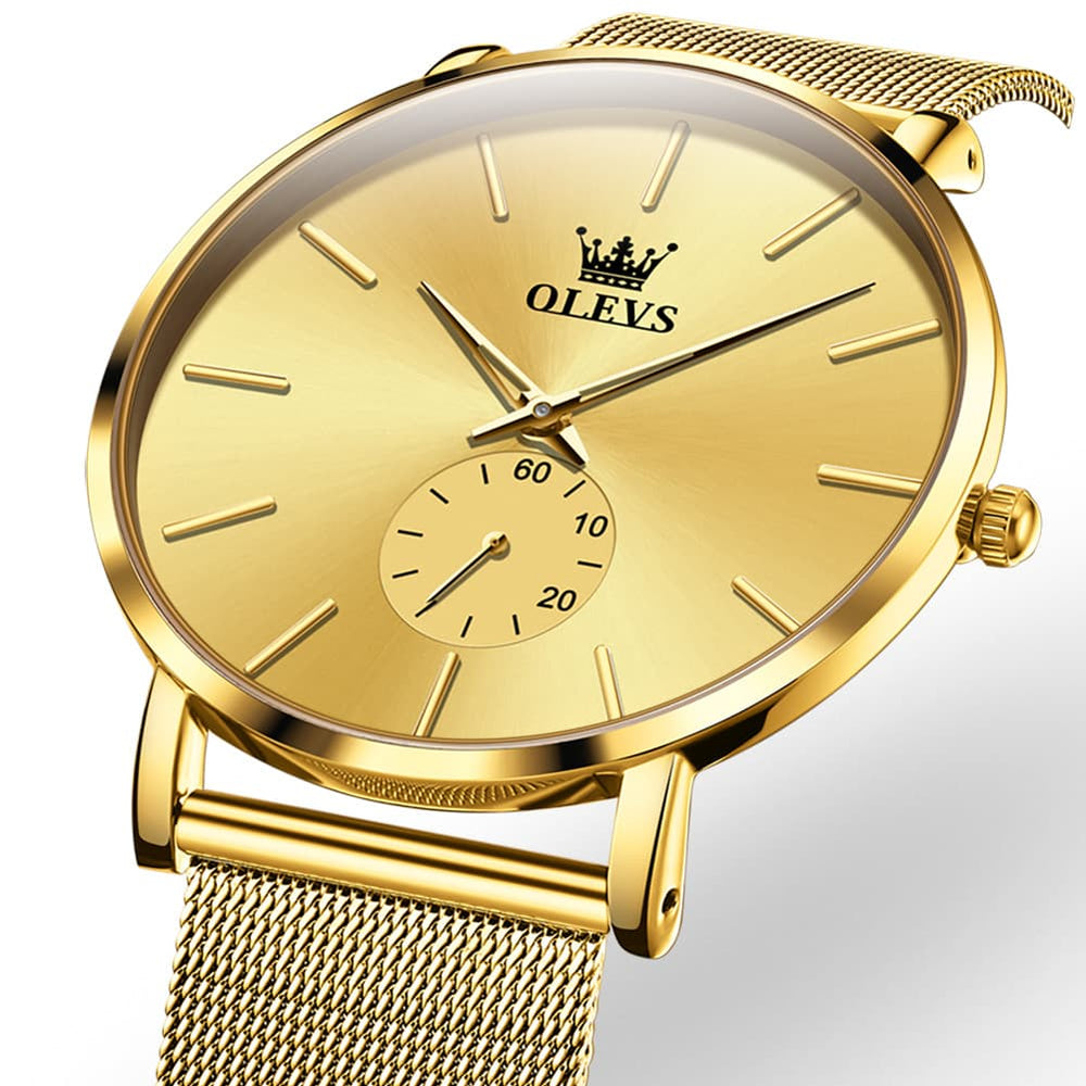 OLEVS 9954 Ultra Thin Milanese Mesh Quartz Watch for Men - All Gold Mesh Watch | Olevs Watch Store