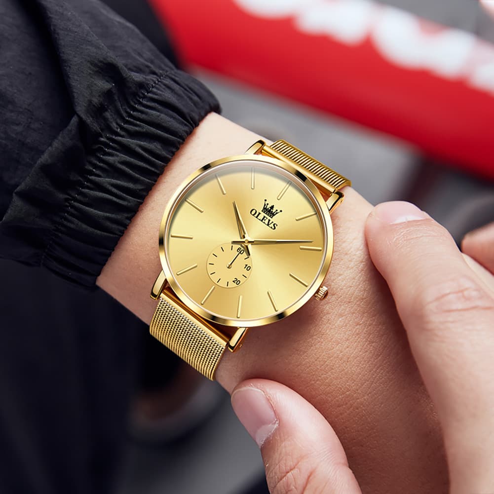 OLEVS 9954 Ultra Thin Milanese Mesh Quartz Watch for Men - All Gold Mesh Watch | Olevs Watch Store