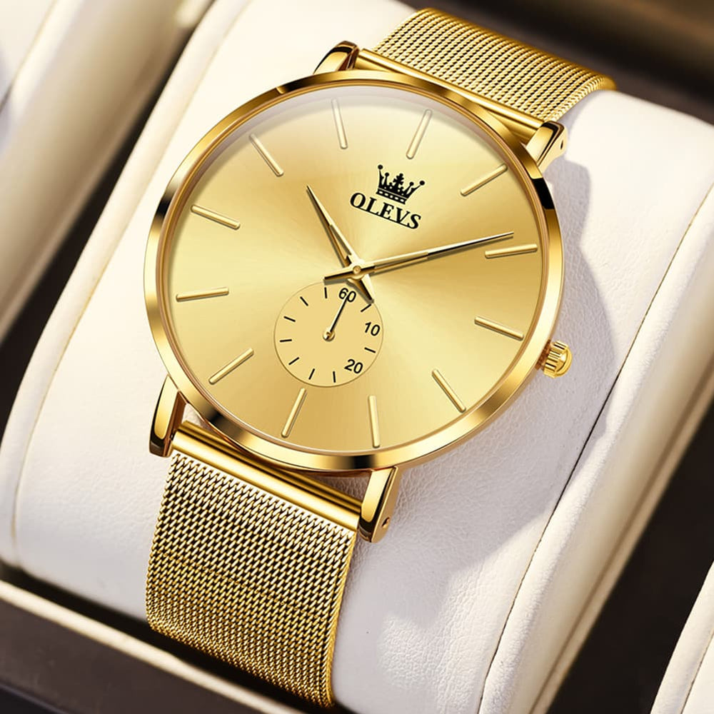 OLEVS 9954 Ultra Thin Milanese Mesh Quartz Watch for Men - All Gold Mesh Watch | Olevs Watch Store