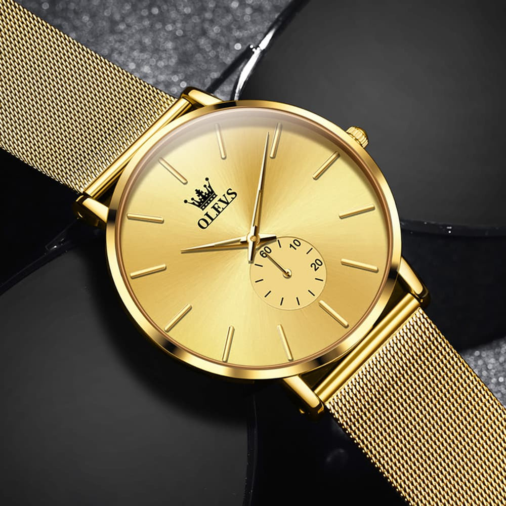 OLEVS 9954 Ultra Thin Milanese Mesh Quartz Watch for Men - All Gold Mesh Watch | Olevs Watch Store