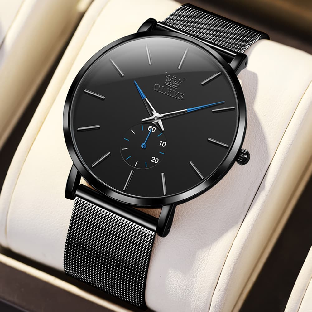 OLEVS 9954 Ultra Thin Milanese Mesh Quartz Watch for Men - All Black Mesh Blue Hands Watch | Olevs Watch Store