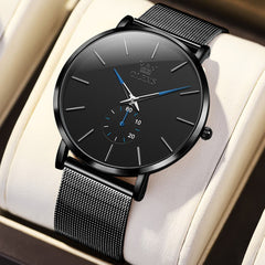 OLEVS 9954 Ultra Thin Milanese Mesh Quartz Watch for Men - All Black Mesh Blue Hands Watch | Olevs Watch Store