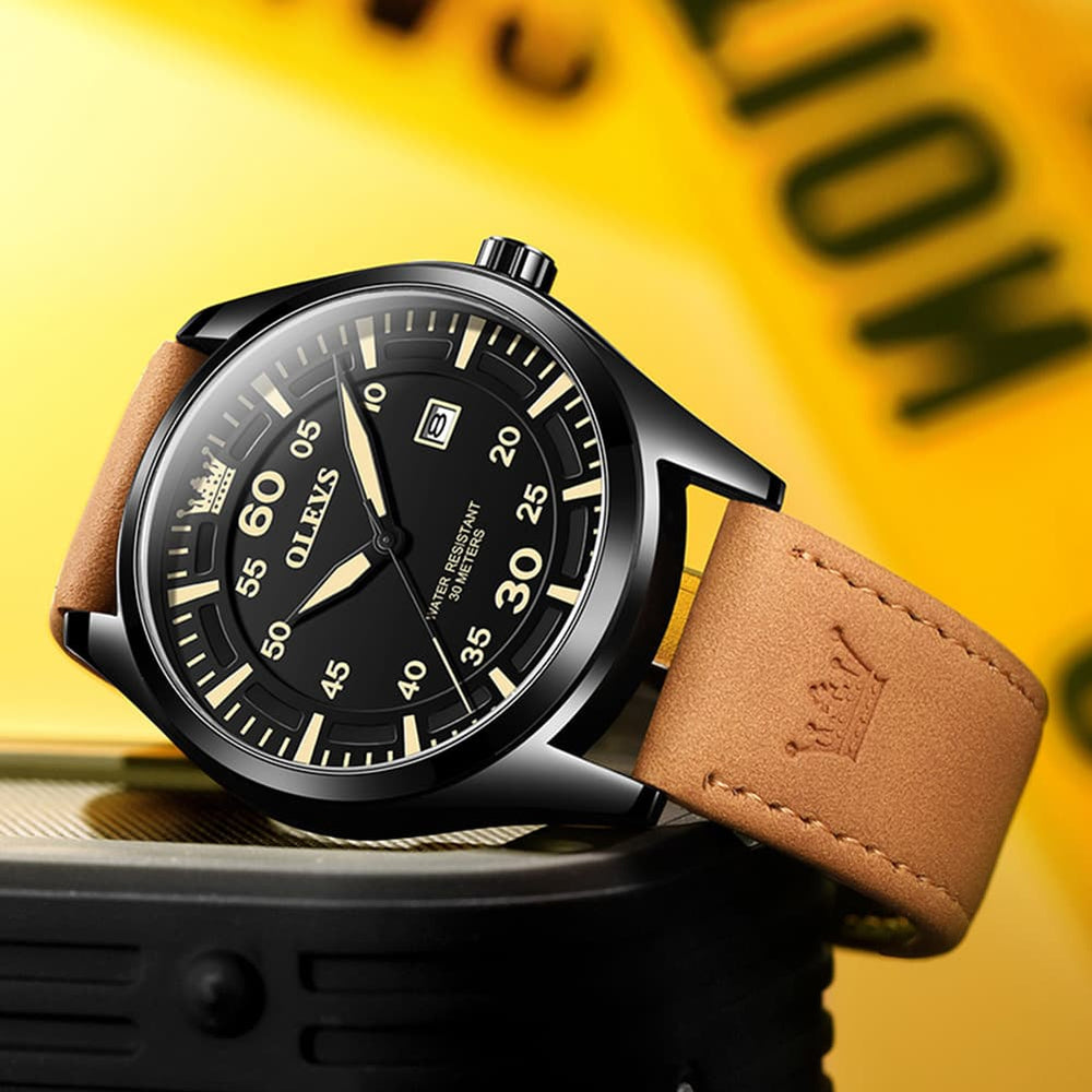 OLEVS 9962 Pilot Sports Date Display Leather Watch for Men - Black Case Black Leather Watch | Olevs Watch Store