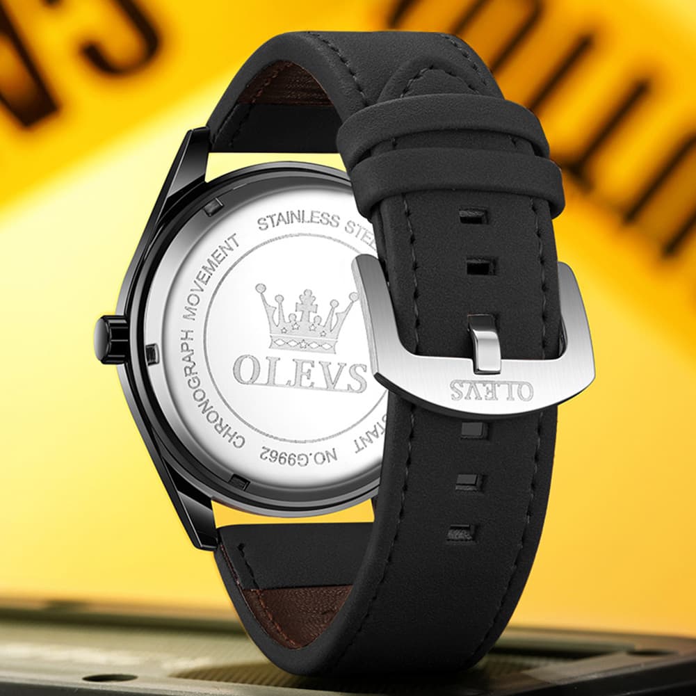 OLEVS 9962 Pilot Sports Date Display Leather Watch for Men - Black Case Black Leather Watch | Olevs Watch Store