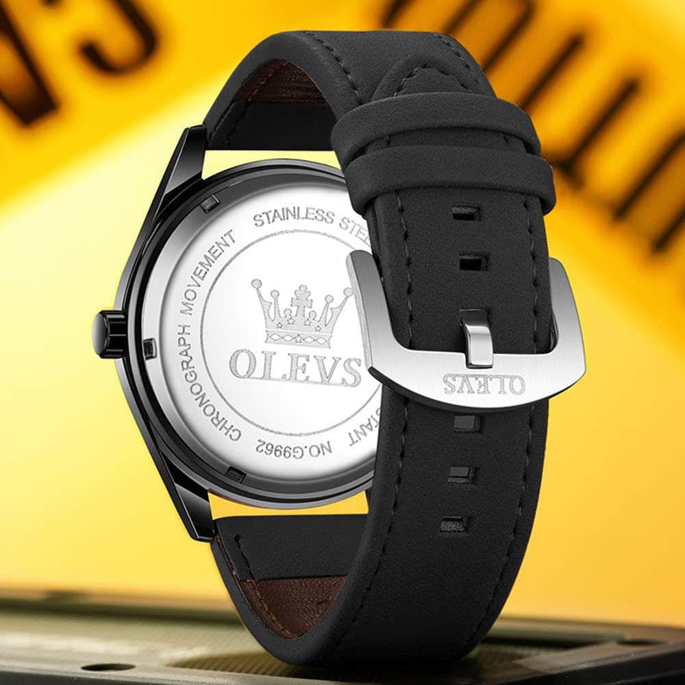 OLEVS 9962 Pilot Sports Date Display Leather Watch for Men - Black Case Black Leather Watch | Olevs Watch Store