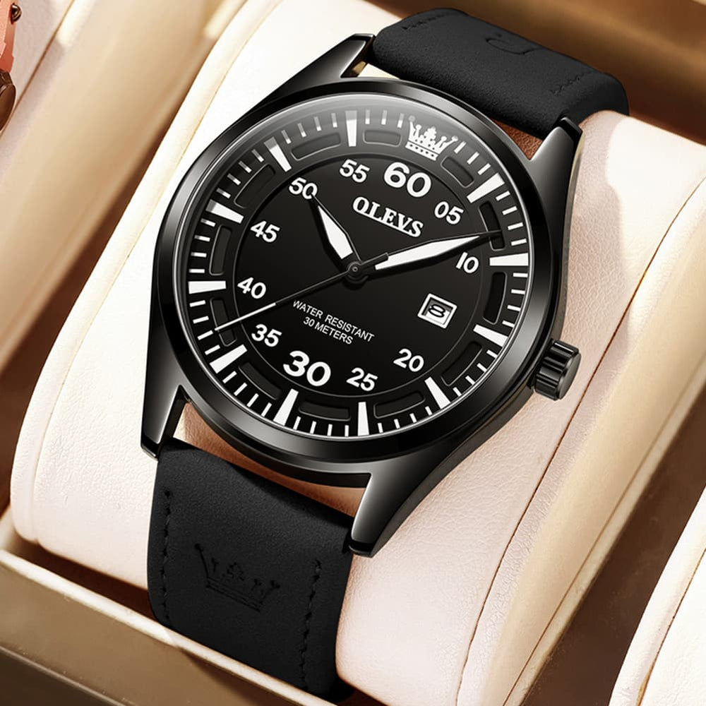OLEVS 9962 Pilot Sports Date Display Leather Watch for Men - Black Case Black Leather Watch | Olevs Watch Store