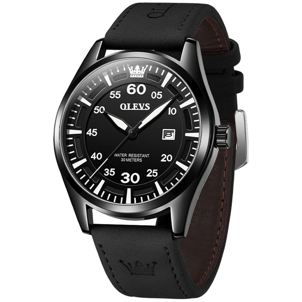OLEVS 9962 Pilot Sports Date Display Leather Watch for Men - Black Case Black Leather Watch | Olevs Watch Store