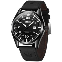 OLEVS 9962 Pilot Sports Date Display Leather Watch for Men - Black Case Black Leather Watch | Olevs Watch Store