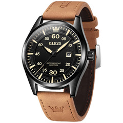OLEVS 9962 Pilot Sports Date Display Leather Watch for Men - Black Case Brown Leather Watch | Olevs Watch Store