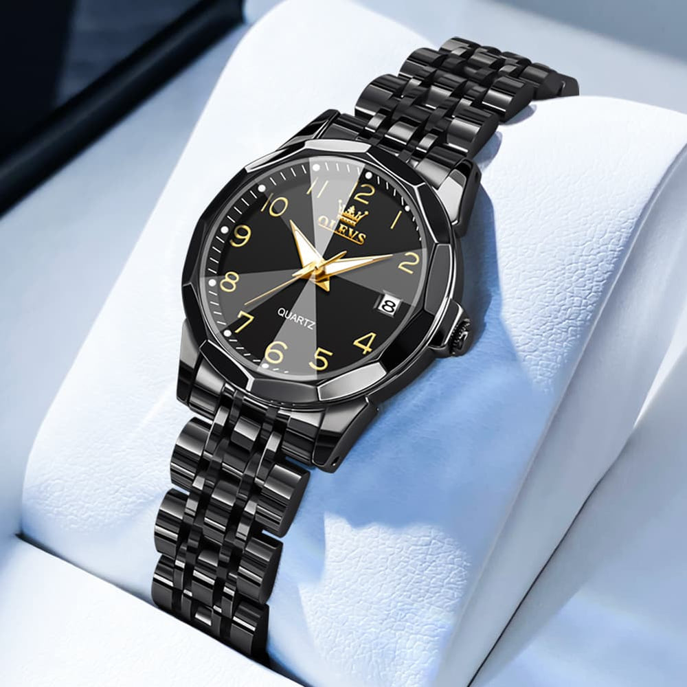 OLEVS 9970 3D Rhombic Faceted Glass Date Watch for Women - All Black Watch | Olevs Watch Store