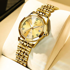 OLEVS 9970 3D Rhombic Faceted Glass Date Watch for Women - All Gold Watch | Olevs Watch Store