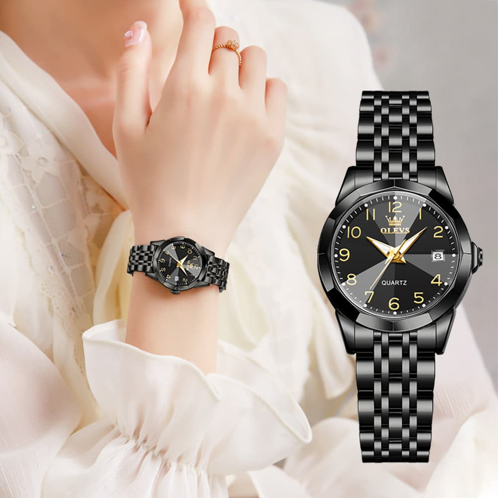 OLEVS 9970 3D Rhombic Faceted Glass Date Watch for Women - Silver Blue Dial Watch | Olevs Watch Store