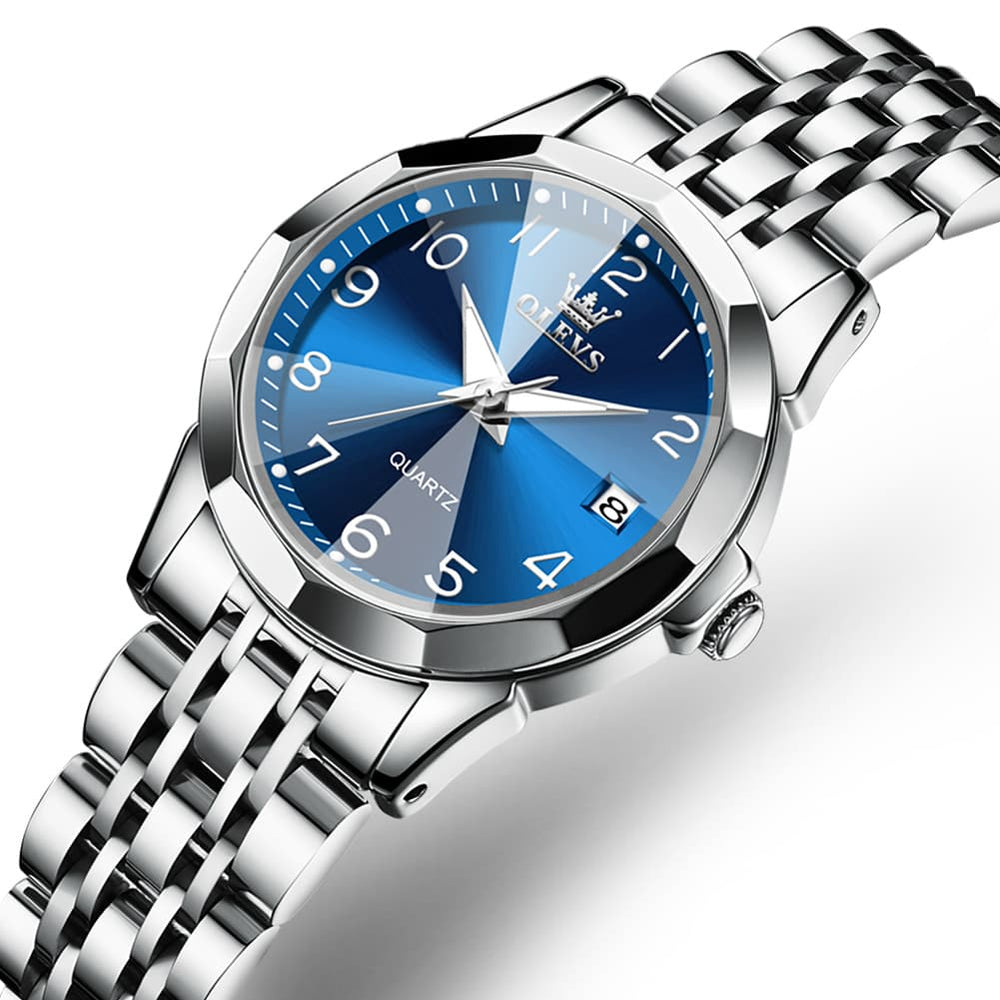 OLEVS 9970 3D Rhombic Faceted Glass Date Watch for Women - Silver Blue Dial Watch | Olevs Watch Store