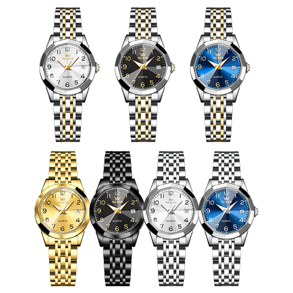 OLEVS 9970 3D Rhombic Faceted Glass Date Watch for Women - Silver Blue Dial Watch | Olevs Watch Store