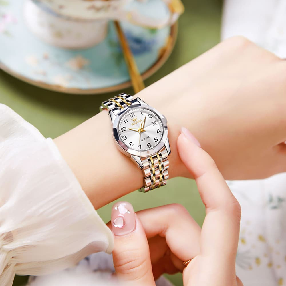 OLEVS 9970 3D Rhombic Faceted Glass Date Watch for Women - Silver Blue Dial Watch | Olevs Watch Store
