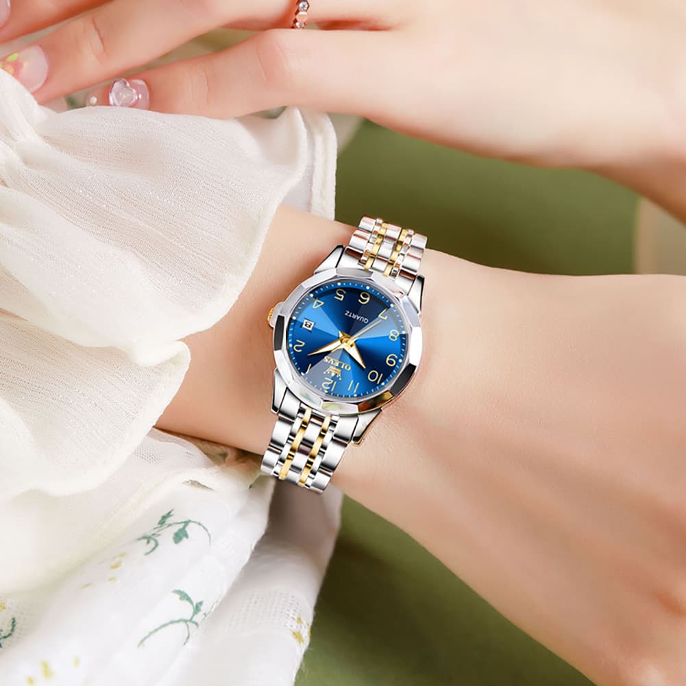 OLEVS 9970 3D Rhombic Faceted Glass Date Watch for Women - Silver Blue Dial Watch | Olevs Watch Store