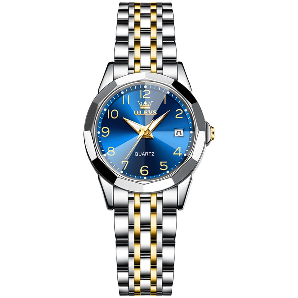 OLEVS 9970 3D Rhombic Faceted Glass Date Watch for Women - Silver Blue Dial Watch | Olevs Watch Store