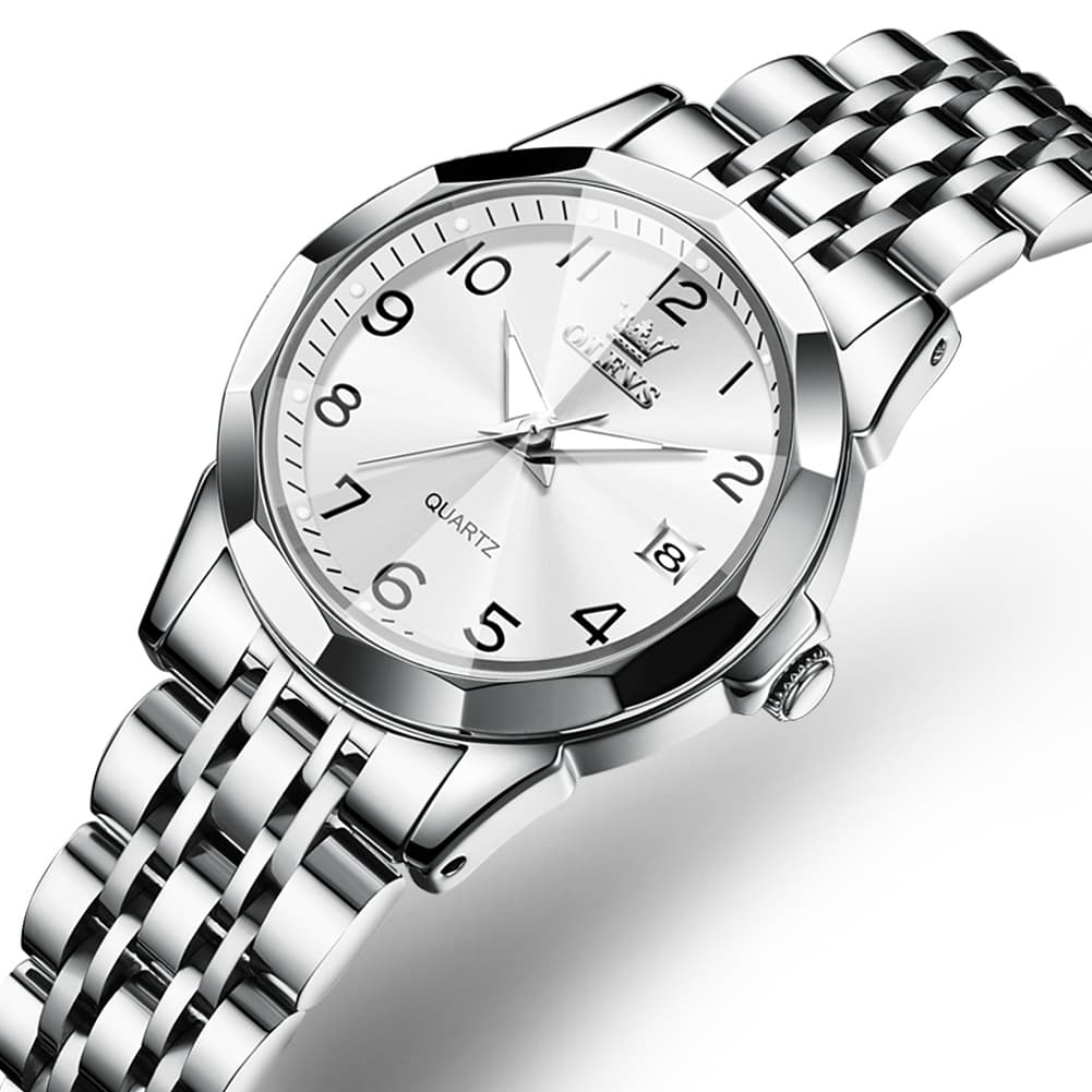 OLEVS 9970 3D Rhombic Faceted Glass Date Watch for Women - Silver Blue Dial Watch | Olevs Watch Store