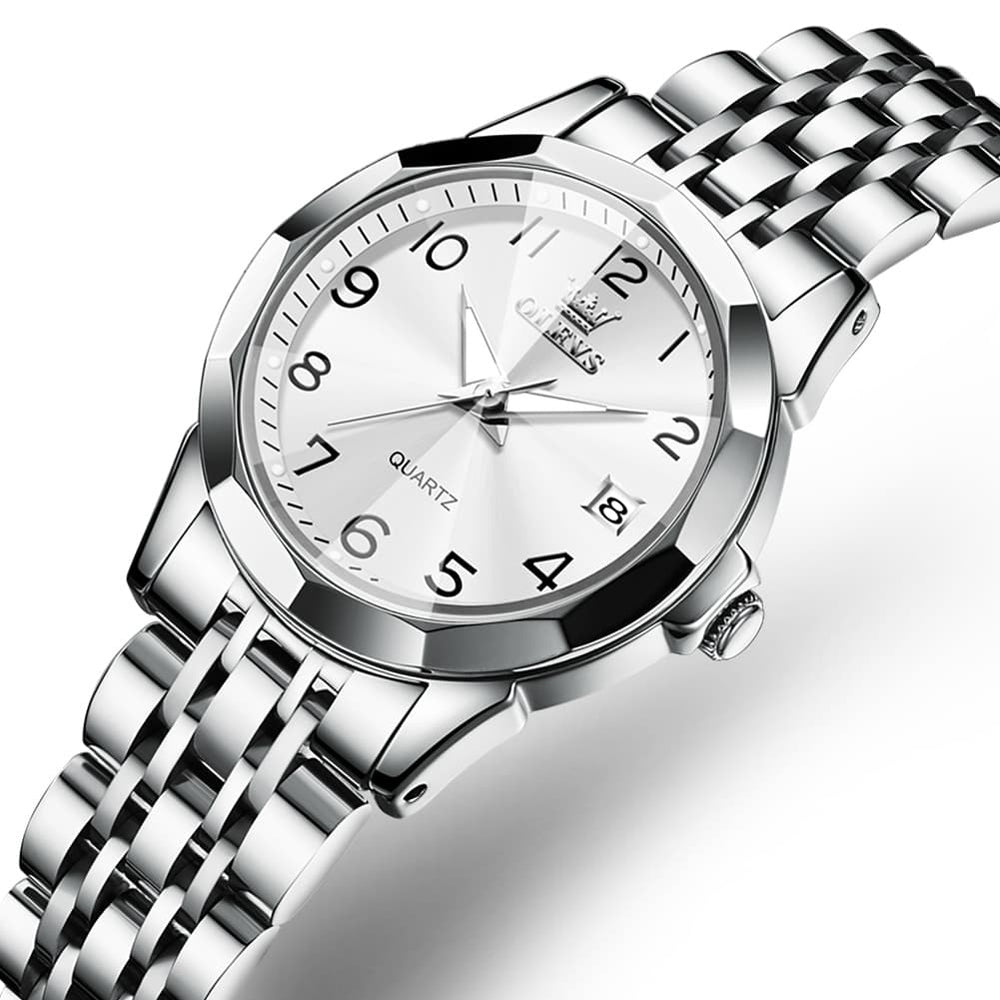 OLEVS 9970 3D Rhombic Faceted Glass Date Watch for Women - Silver Blue Dial Watch | Olevs Watch Store