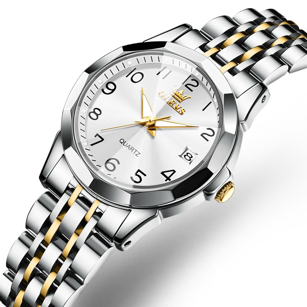 OLEVS 9970 3D Rhombic Faceted Glass Date Watch for Women - Silver Blue Dial Watch | Olevs Watch Store