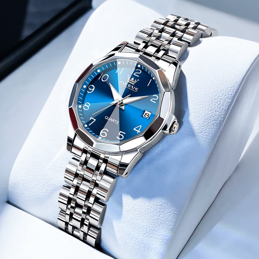 OLEVS 9970 3D Rhombic Faceted Glass Date Watch for Women - Silver Blue Dial Watch | Olevs Watch Store