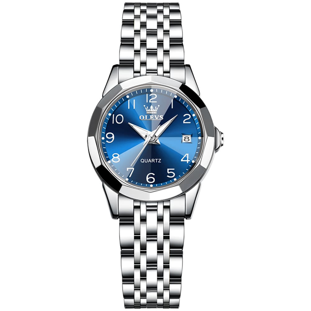 OLEVS 9970 3D Rhombic Faceted Glass Date Watch for Women - Silver Blue Dial Watch | Olevs Watch Store