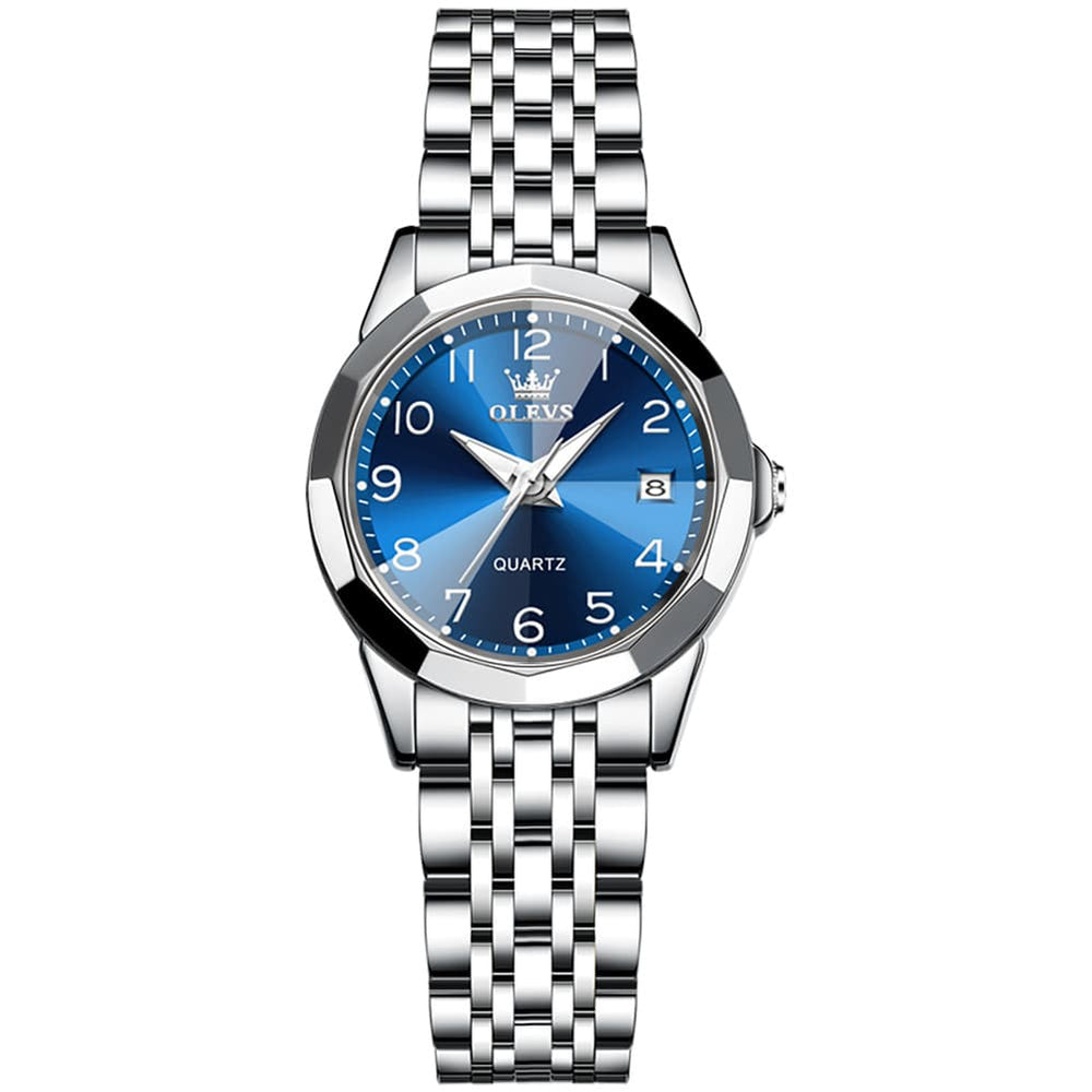 OLEVS 9970 3D Rhombic Faceted Glass Date Watch for Women - Silver Blue Dial Watch | Olevs Watch Store