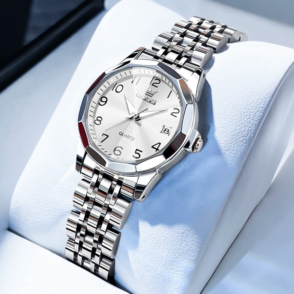 OLEVS 9970 3D Rhombic Faceted Glass Date Watch for Women - Silver White Dial Watch | Olevs Watch Store