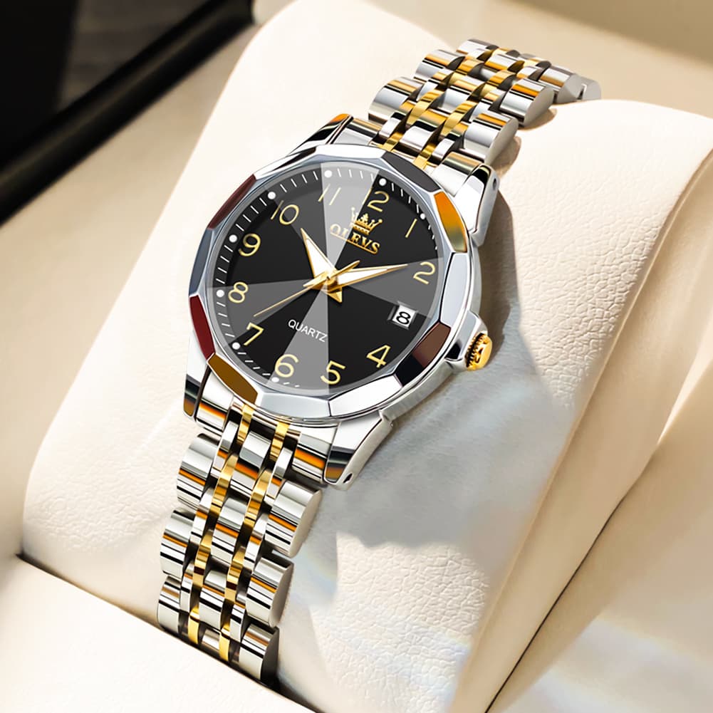 OLEVS 9970 3D Rhombic Faceted Glass Date Watch for Women - Two Tone Gold Black Dial Watch | Olevs Watch Store