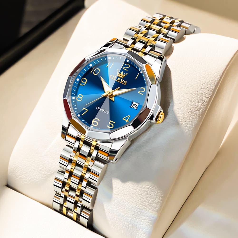 OLEVS 9970 3D Rhombic Faceted Glass Date Watch for Women - Two Tone Gold Blue Dial Watch | Olevs Watch Store