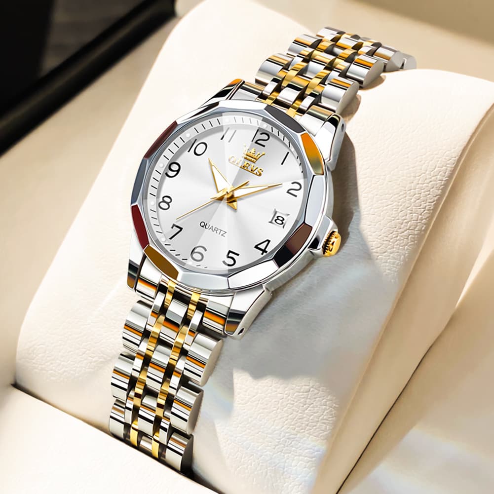 OLEVS 9970 3D Rhombic Faceted Glass Date Watch for Women - Two Tone Gold White Dial Watch | Olevs Watch Store