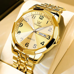 OLEVS 9970 3D Rhombic Faceted Glass Day Date Watch for Men - All Gold Watch | Olevs Watch Store