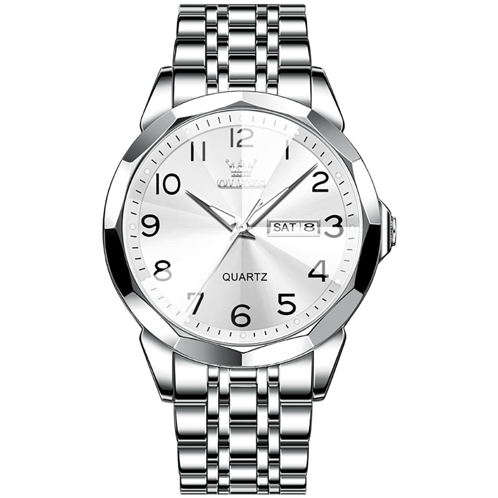 OLEVS 9970 3D Rhombic Faceted Glass Day Date Watch for Men - Silver Blue Dial Watch | Olevs Watch Store