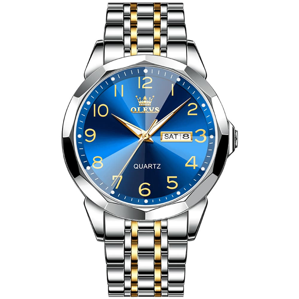 OLEVS 9970 3D Rhombic Faceted Glass Day Date Watch for Men - Silver Blue Dial Watch | Olevs Watch Store